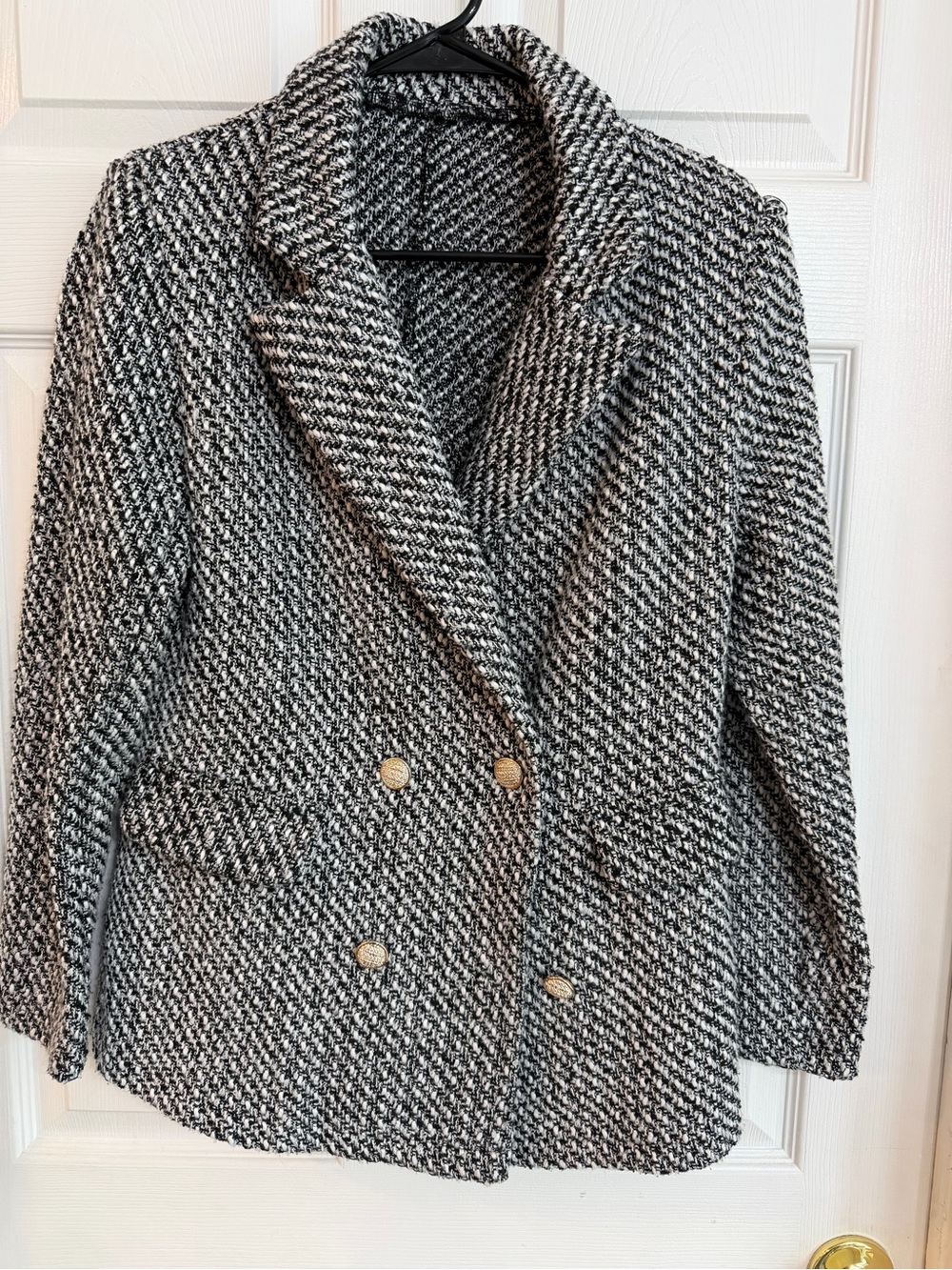SHEIN Black and White Tweed Double-Breasted Blazer